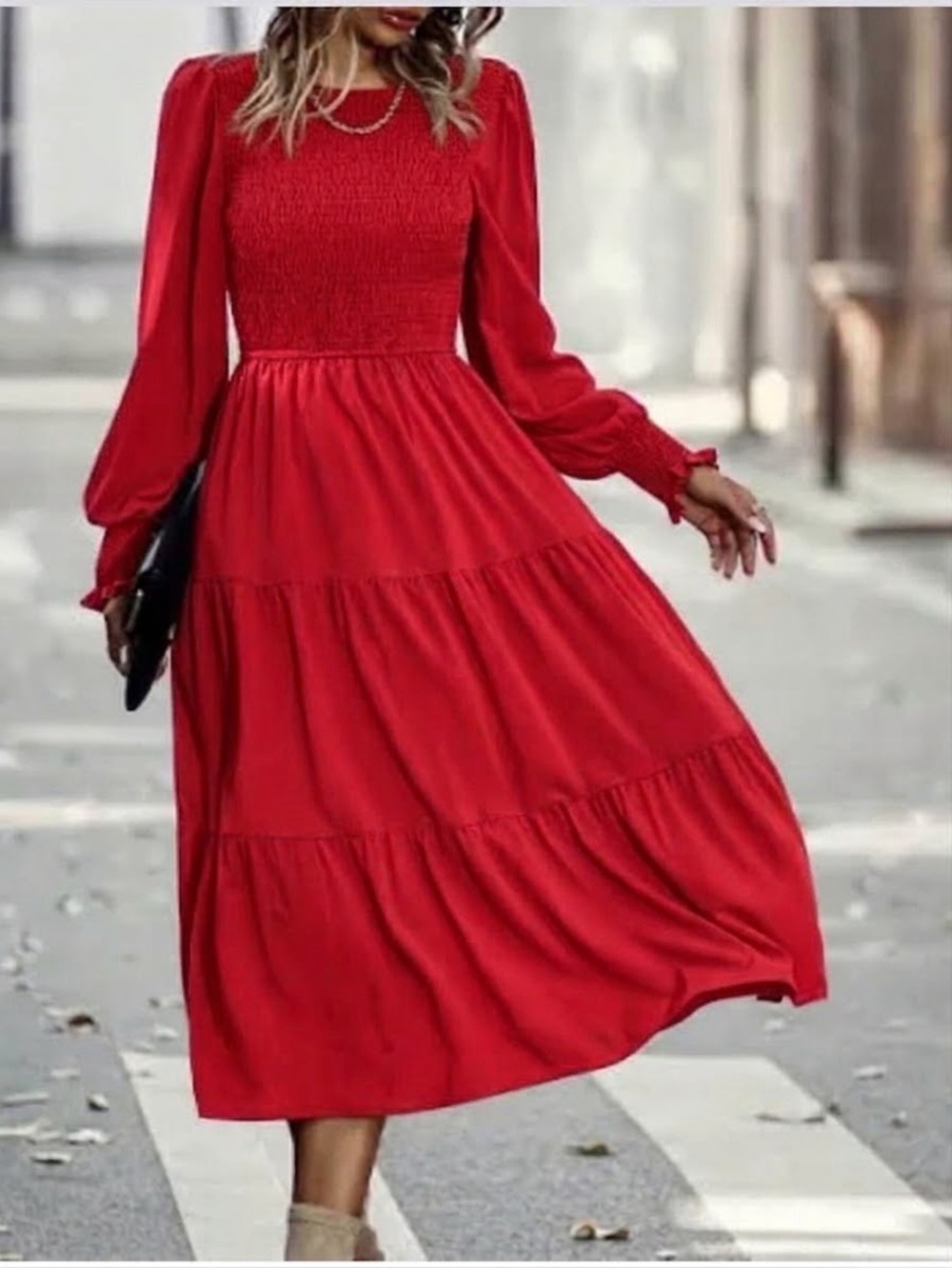 NWT Candy Apple 🍎 Red Long Sleeve Smocked Bodice Maxi Tiered Dress Ladles SZ S